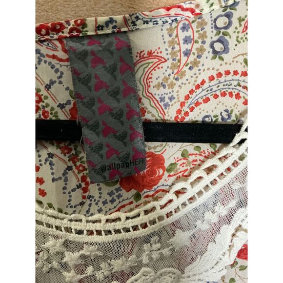 Womens Wallpaper Her Boho Paisley Floral Print V Neck Crochet Trim Kaftan Top S - Picture 2 of 8